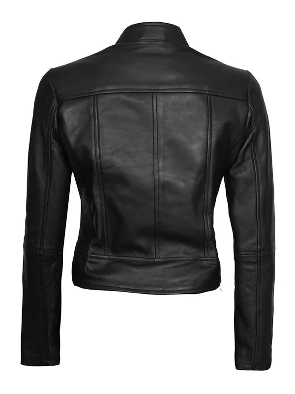 Womens Cafe Racer Leather Motorcycle Jacket Black.