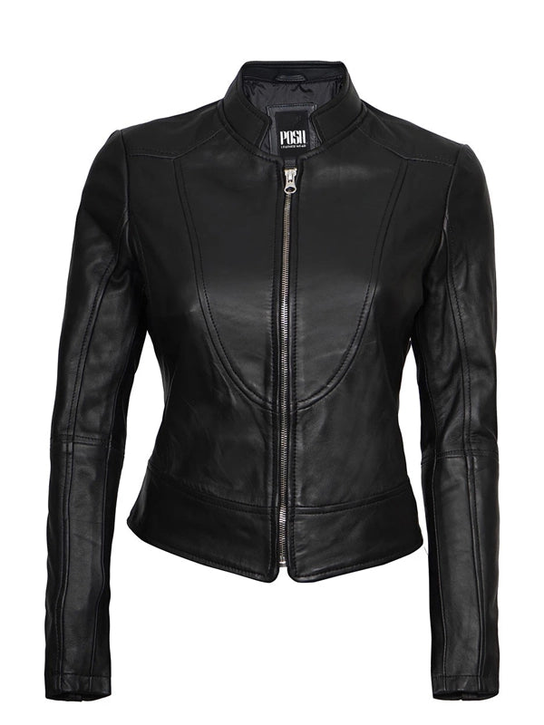 Womens Cafe Racer Leather Motorcycle Jacket Black Front