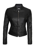 Womens Cafe Racer Leather Motorcycle Jacket Black Front
