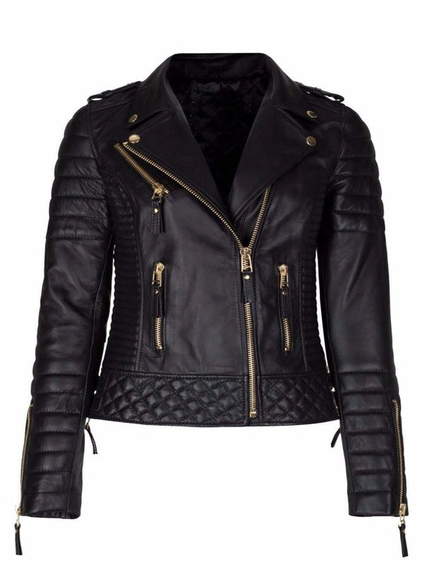 Womens Slim Fit Leather Motorcycle Jacket Black Studded