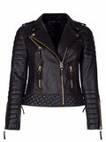 Womens Slim Fit Leather Motorcycle Jacket Black Studded