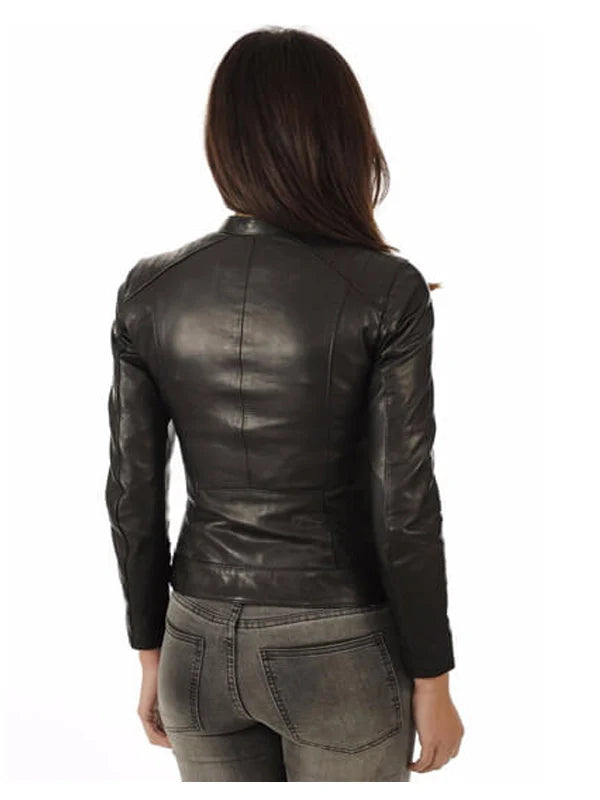 Womens Slim Fit Sheepskin Leather Biker Jacket Black.