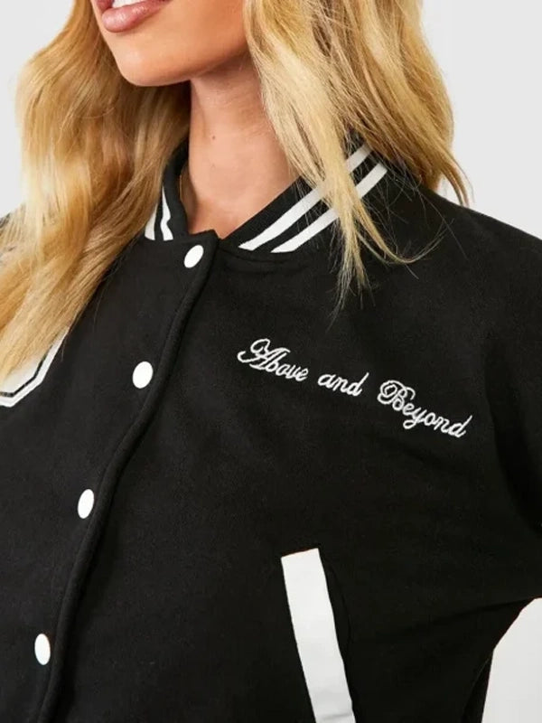above and beyond crop varsity jacket..