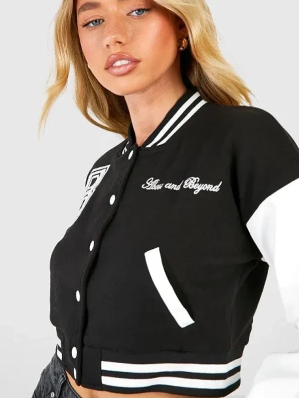 above and beyond crop varsity jacket.