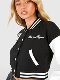 above and beyond crop varsity jacket.