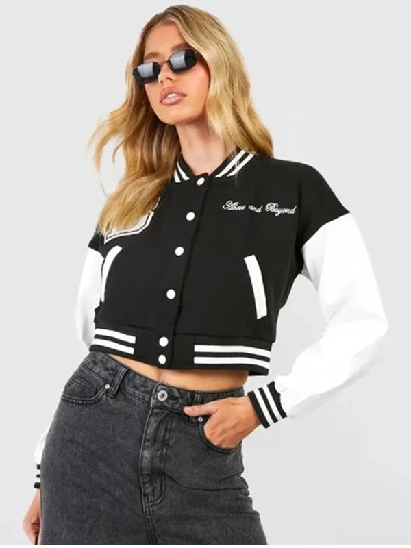 above and beyond crop varsity jacket
