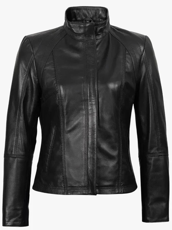 acerra womens black leather cafe racer biker jacket.