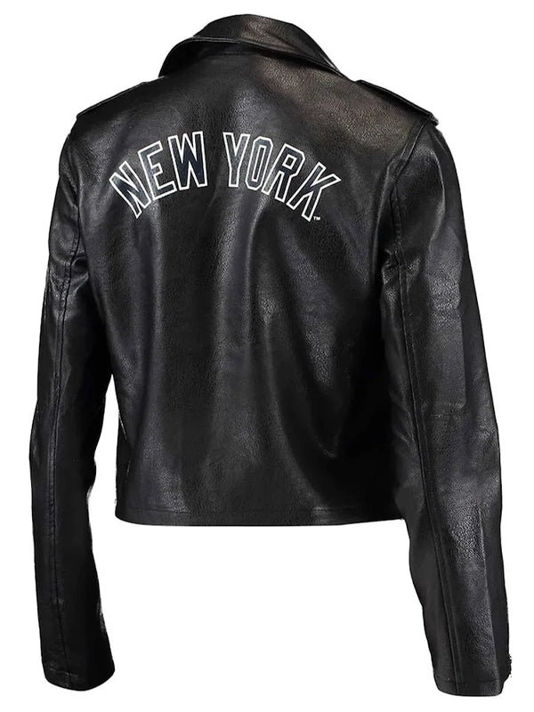 biker ny yankees black leather jacket.