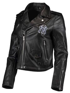 biker ny yankees black leather jacket