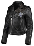 biker ny yankees black leather jacket