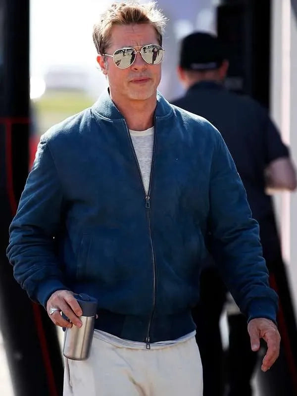 brad pitt f1 blue bomber leather jacket
