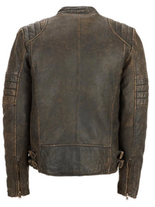 brown distressed cafe racer leather jacket.
