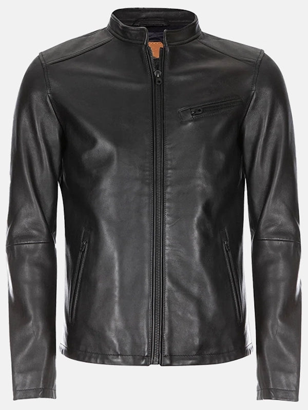 burton mandarin collar black leather jacket