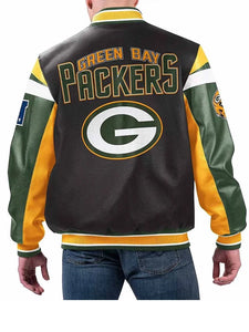 green bay packers black varsity full zip leather jacket.