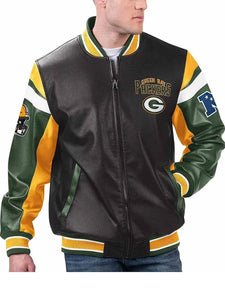 green bay packers black varsity full zip leather jacket