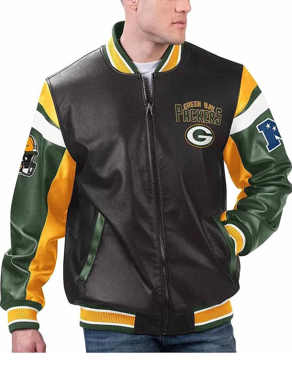 green bay packers black varsity full zip leather jacket