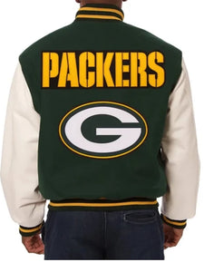 green bay packers green and white varsity jacket.