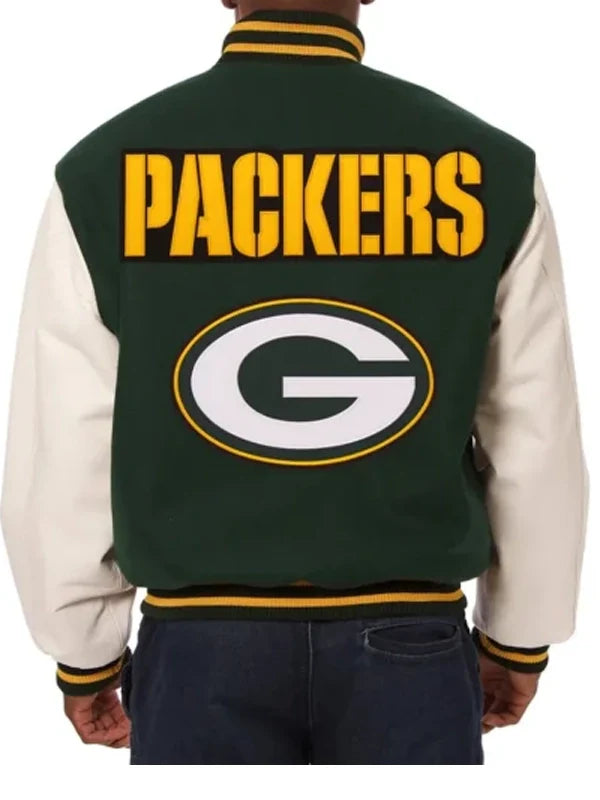 green bay packers green and white varsity jacket.