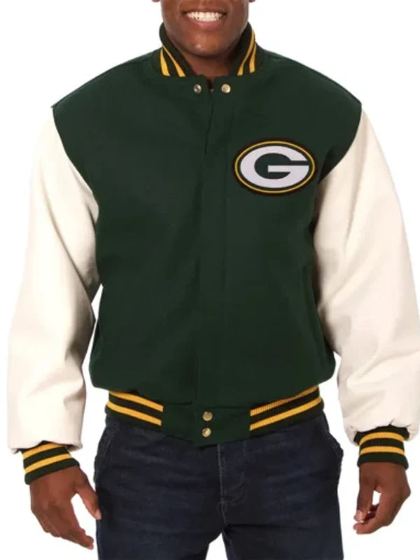 green bay packers green and white varsity jacket