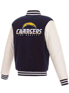 los angeles chargers navy and white varsity jacket.