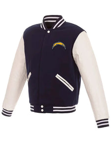 los angeles chargers navy and white varsity jacket