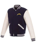 los angeles chargers navy and white varsity jacket