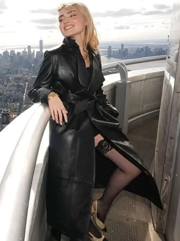 meg donnelly black leather trench coat...