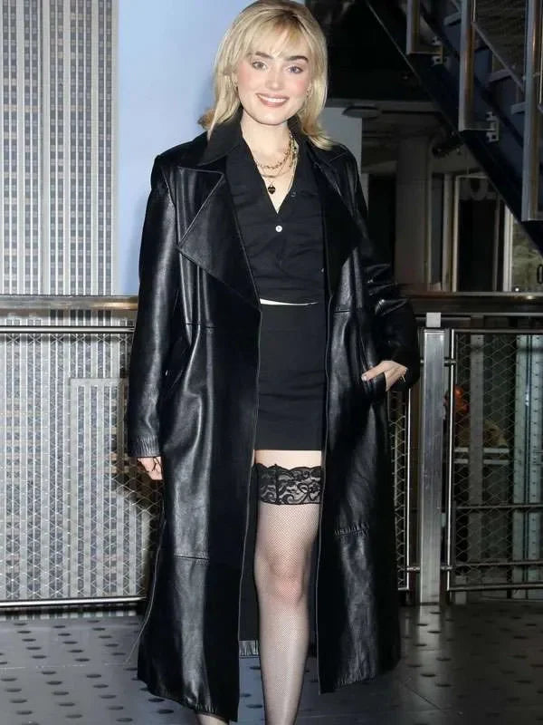 meg donnelly black leather trench coat
