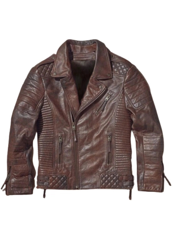 men waxed brown biker leather jacket