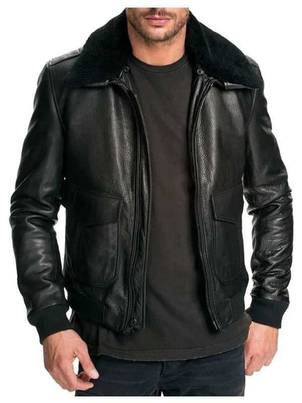 mens air force leather bomber jacket fur collar black