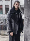mens black aviator sheepskin bomber shearling jacket..