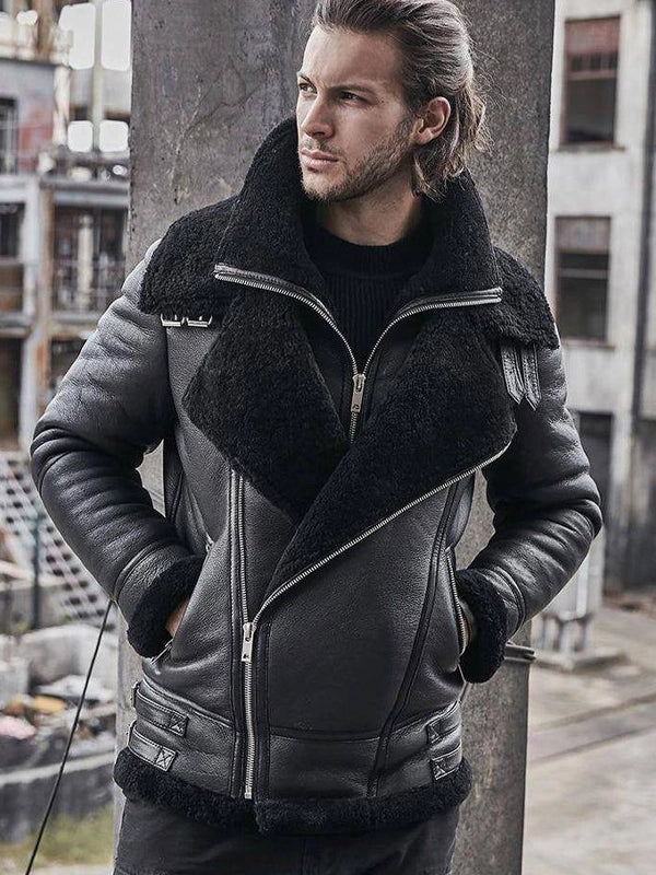 mens black aviator sheepskin bomber shearling jacket.