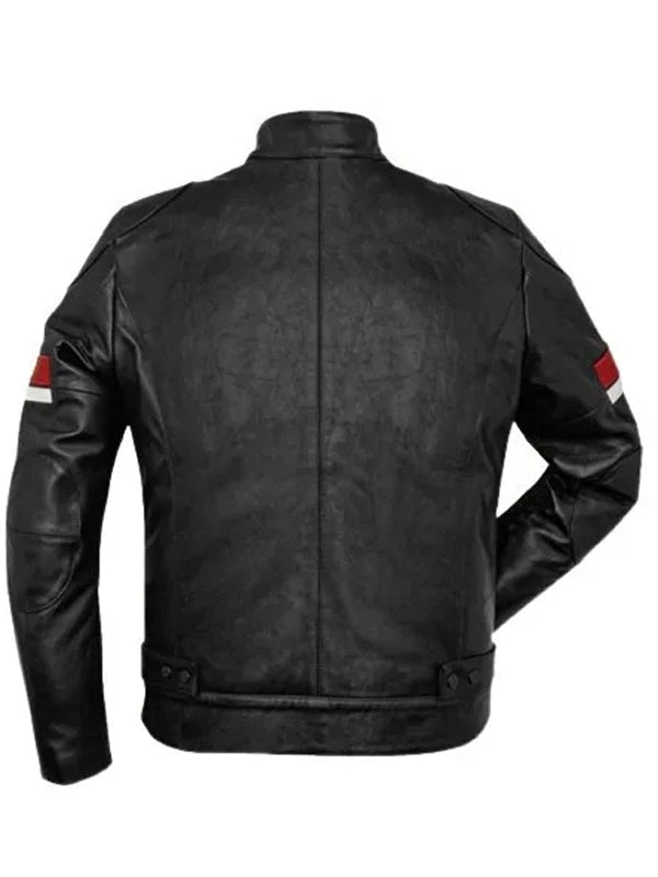 mens black leather red and white striped cafe racer jacket.