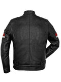 mens black leather red and white striped cafe racer jacket.