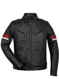 mens black leather red and white striped cafe racer jacket