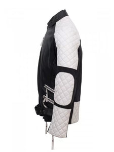 mens black white biker leather jacket.