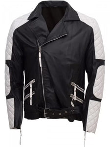 mens black white biker leather jacket