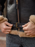 mens brown leather aviator shearling jacket..
