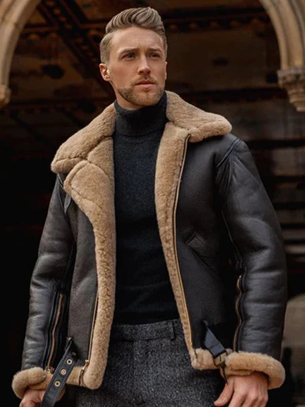 mens brown leather aviator shearling jacket.