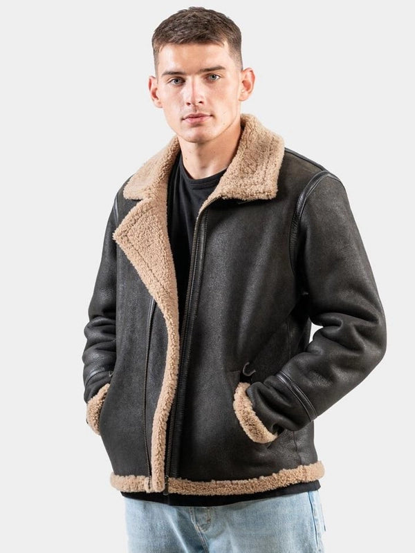 mens brown pilot bomber shearling jacket...