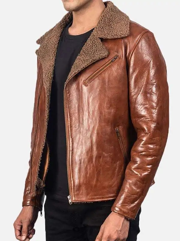 mens brown sheepskin leather shearling jacket.