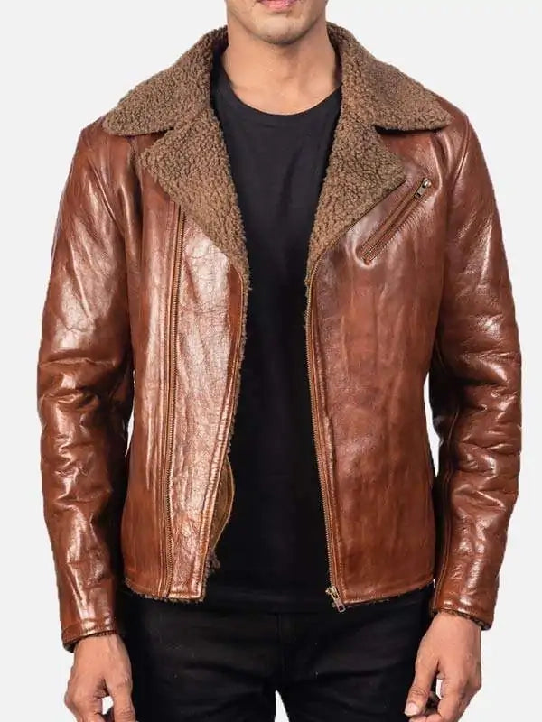 mens brown sheepskin leather shearling jacket