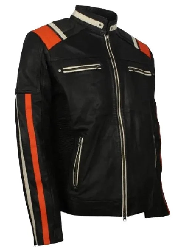 mens cafe racer striped black retro biker jacket.