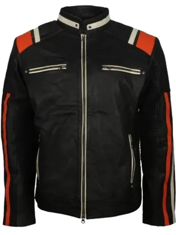 mens cafe racer striped black retro biker jacket
