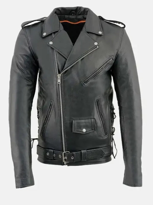 mens classic police style biker leather jacket