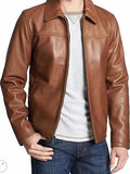 mens shirt collar brown leather jacket.