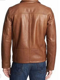 mens shirt collar brown leather jacket