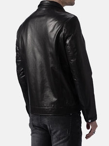 mens turn down collar black leather jacket.