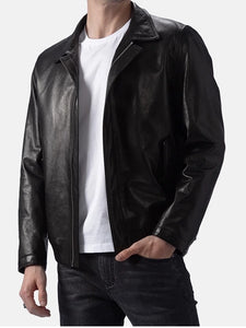 mens turn down collar black leather jacket