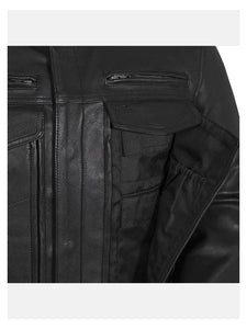 mens utility style black leather biker jacket.